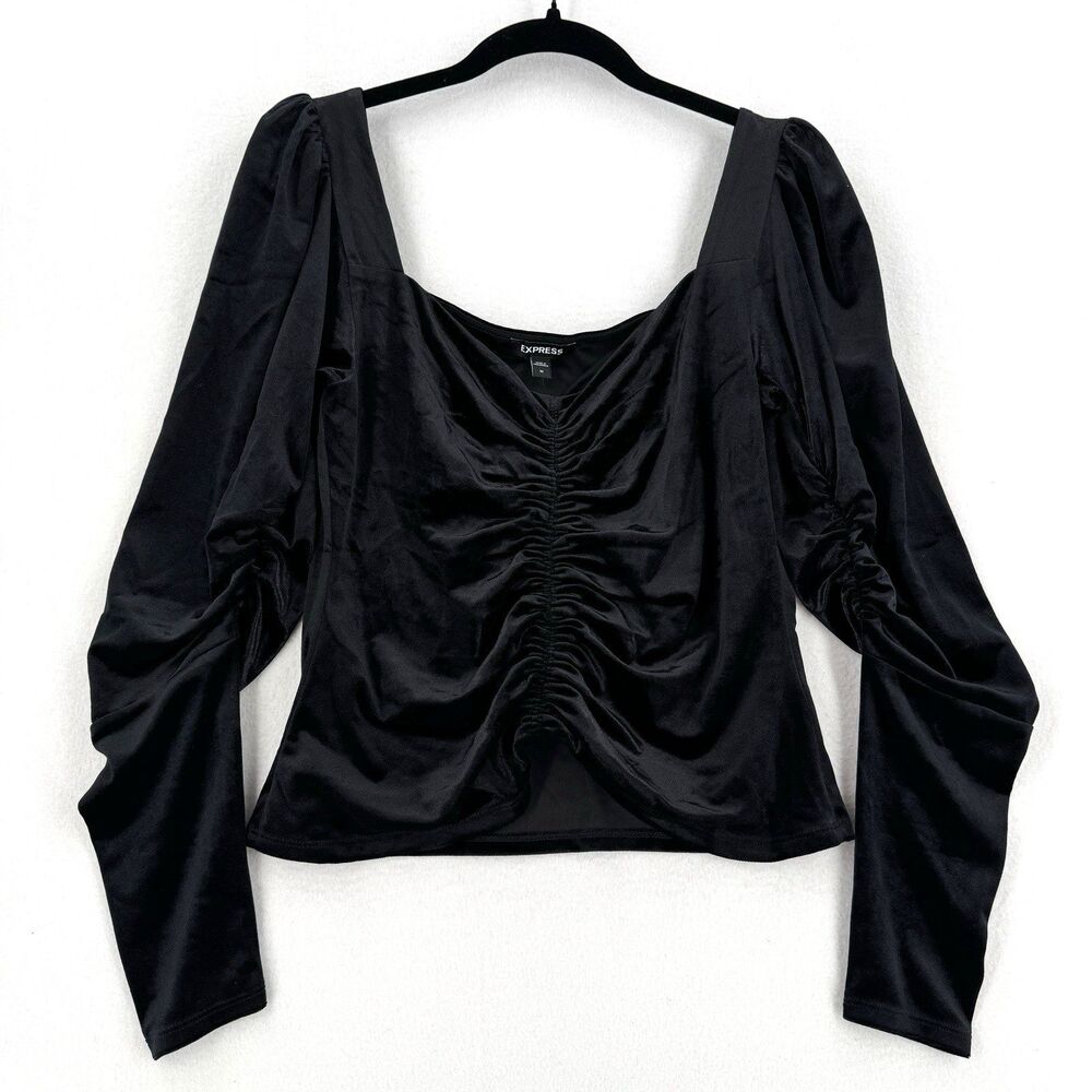 Express Black Velvet Ruched Puff Sleeve Top M NWT Square Neck Romantic Festival